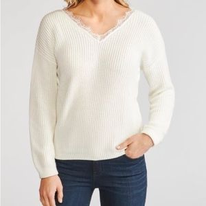 Skies Are Blue Lace Trim V-Neck Sweater in Ivory, Size Small